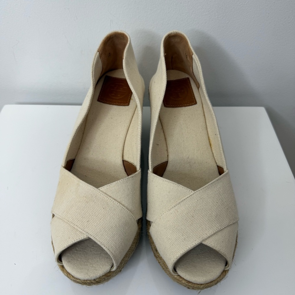 Tory Burch Filipa Canvas Criss Cross Espadrille Wedge Sandal Size 10 Cream Tan - Picture 2 of 15
